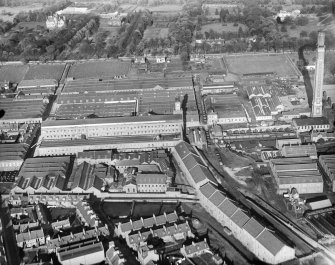 Camperdown Works and Cox's Stack, Methven Street, Lochee, Dundee.  Oblique aerial photograph taken facing north. 