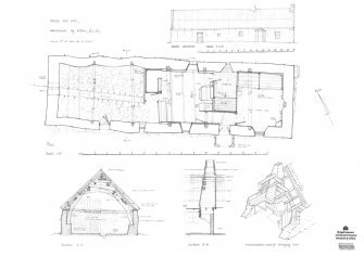 Moirlanich, House and Byre
Ground plan (1:50) , south elevation (1:100) , sections A-A1 and B-B1, axonometric view of hanging lum.
Inscribed: 'House and byre, Moirlanich by Killin'