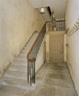Interior.  Ground floor, east stair, view from west