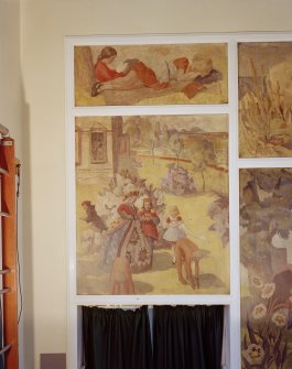 Edinburgh, Granton, Wardie Primary School.
Scene from Alice Through The Looking Glass mural paintings on wall of Assembly Hall.