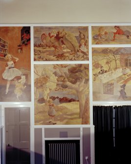 Edinburgh, Granton, Wardie Primary School.
Scene from Alice Through The Looking Glass mural paintings on wall of Assembly Hall.