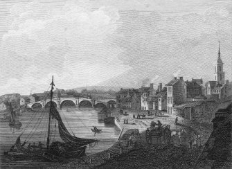 Engraved view of harbour and Auld Bridge.
Titled: 'Ayr'
