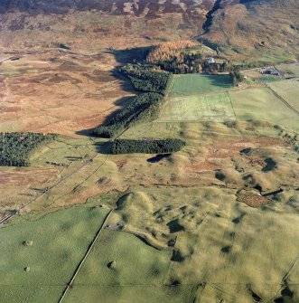 Oblique aerial view centred on the remains of hut-circles, small carins, banks, huts, farmstead, rig and buildings with cairn, building, rig and lodge adjacent, taken from the WNW.