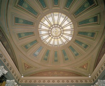 Interior, Stracathro House. Inner hall Detail of painted glass cupola and lunettes