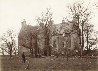 Historic photograph showing view of  Peffermill House, Edinburgh, from SE with old man in foreground and group of children sitting on wall.
Stamped with 'Alex A Inglis, By Royal Warrant of Appointment Photographer, Rock House, Calton Hill Edinburgh'.
Signed: 'T Ross'