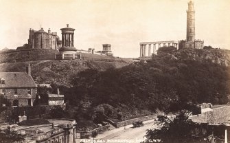 Historic photograph showing view of Calton Hill and the Rock House studio of the photographer Alexander Inglis from SW. 
Titled: 'Calton Hill, Edinburgh, 6816, G.W.W'.