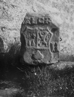 View of the 16th century armorial panel known as the Halcro Stone 'found serving as the pivot stone for a gate some 25 yds south of the church'.
