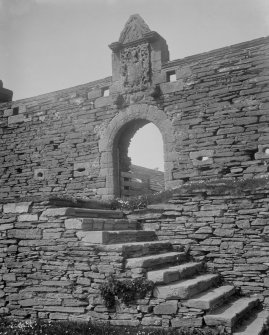 Interior. View of stair leading up to gateway.