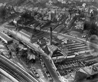 Cupar, general view, showing Edenside Printing Works and Station Road.  Oblique aerial photograph taken facing west.