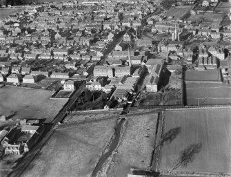 Alva, general view, showing Brook Street and Meadow Mills Woollen Mill.  Oblique aerial photograph taken facing north.