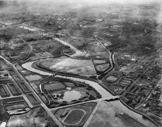 Glasgow, general view, showing Glasgow Green and River Clyde.  Oblique aerial photograph taken facing north.