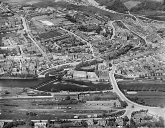 Peebles, general view, showing Tweed Bridge, Weir and Eddlestone Water.  Oblique aerial photograph taken facing north.