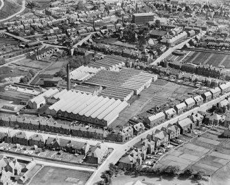 Ballantyne Brothers and Co. Ltd. March Street Mills, Peebles.  Oblique aerial photograph taken facing south-east.