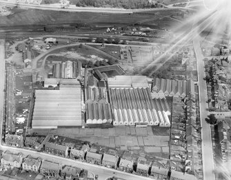 Ballantyne Brothers and Co. Ltd. March Street Mills, Peebles.  Oblique aerial photograph taken facing east.