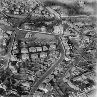 Alloa, general view, showing Town Hall, Marshill and Church Street.  Oblique aerial photograph taken facing north. 