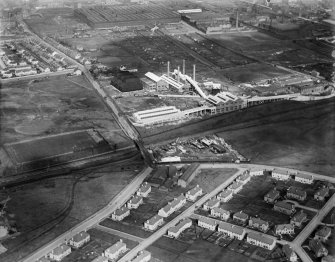 Refuse Destruction and Electric Works, Helen Street, Govan, Glasgow.  Oblique aerial photograph taken facing north-east.