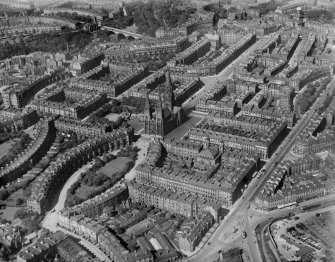 Edinburgh, general view, showing Grosvenor and Lansdowne Crescents, St Mary's Episcopal Cathedral and Melville Street.  Oblique aerial photograph taken facing north.