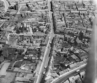 Bathgate, general view, showing St David's Church and Church of the Immaculate Conception.  Oblique aerial photograph taken facing east.