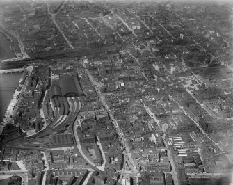 Glasgow, general view, showing St Enoch Station, Argyle Street and George Square.  Oblique aerial photograph taken facing west.