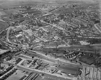 Coatbridge, general view, showing Main Street and Gartsherrie Parish Church.  Oblique aerial photograph taken facing north-east.