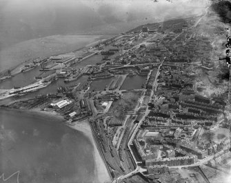 Leith Docks, Edinburgh.  Oblique aerial photograph taken facing east.  This image has been produced from a damaged negative.