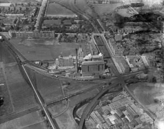 Chancelot Roller Flour Mills, Dalmeny Road, Leith, Edinburgh.  Oblique aerial photograph taken facing north.  This image has been produced from a damaged negative.