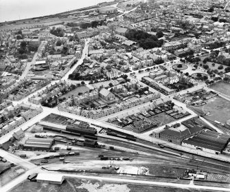 Montrose, general view, showing Town Hall and Montrose Harbour Station.  Oblique aerial photograph taken facing north-west.