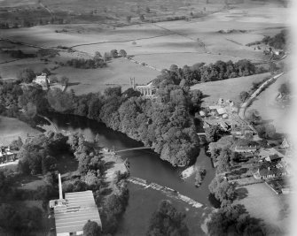 Monigaff Parish Church and Penkiln Suspension Bridge, Newton Stewart.  Oblique aerial photograph taken facing north.