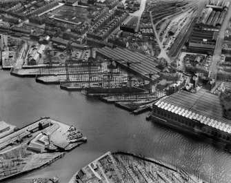 Harland and Wolff Shipbuilding Yard, Clydebrae Street, Govan, Glasgow.  Oblique aerial photograph taken facing south.