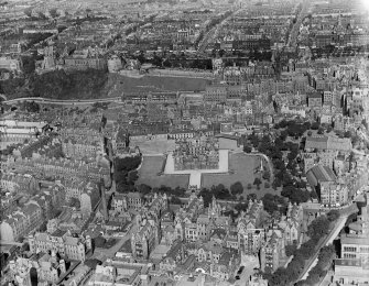 Edinburgh, general view, showing George Heriot's School and Edinburgh Castle.  Oblique aerial photograph taken facing north.