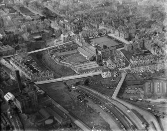 Greenock, general view, showing Weaving Factory, Lynedoch Street and Wellington Street.  Oblique aerial photograph taken facing north.