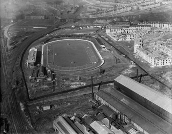 Carntyne Greyhound Racecourse, Myreside Street, Glasgow.  Oblique aerial photograph taken facing north-west.