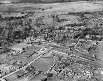 Brechin, general view, showing Railway Terminus and Glebe Park.  Oblique aerial photograph taken facing north.