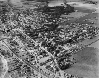 Carnoustie, general view, showing Church Street and Carnoustie House Grounds.  Oblique aerial photograph taken facing west.
