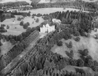 Murthly Castle and New Murthly Castle.  Oblique aerial photograph taken facing north.