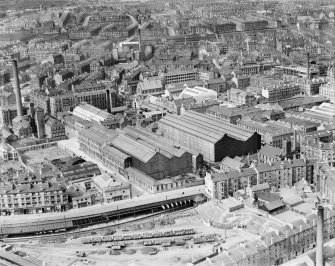 Glasgow, general view, showing Duncan Stewart and Co. London Road Ironworks, Summer Street and Gallowgate.  Oblique aerial photograph taken facing north.