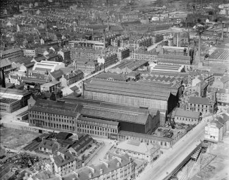 Glasgow, general view, showing Duncan Stewart and Co. London Road Ironworks, Summer Street and Broad Street.  Oblique aerial photograph taken facing north-east.