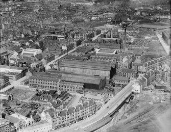 Glasgow, general view, showing Duncan Stewart and Co. London Road Ironworks, Summer Street and Broad Street.  Oblique aerial photograph taken facing north-east.