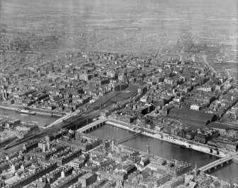 Glasgow, general view, showing Central Station and St Enoch Station.  Oblique aerial photograph taken facing north.