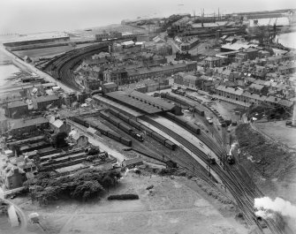 Ardrossan Town Station and Princes Street, Ardrossan.  Oblique aerial photograph taken facing west.