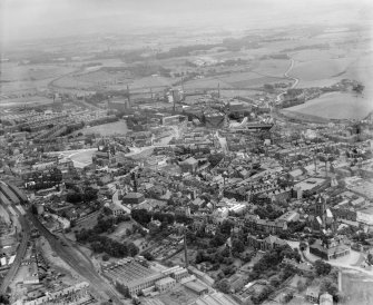Paisley, general view, showing George A Clark Town Hall and Clark and Co. Anchor Mills Thread Works.  Oblique aerial photograph taken facing south-east.