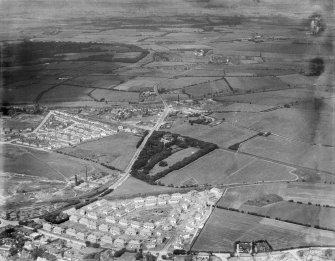 Airdrie, general view, showing Motherwell Street and Rawyards House.  Oblique aerial photograph taken facing north-west.