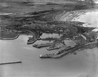 Ardrossan, general view, showing Ardrossan Harbour and South Bay.  Oblique aerial photograph taken facing east.