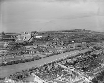 Edinburgh, general view, showing Leith Links and railway sidings.  Oblique aerial photograph taken facing north-east.