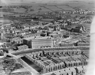 Blackwood Morton and Sons Ltd. Burnside Works, Kilmarnock.  Oblique aerial photograph taken facing south-east.