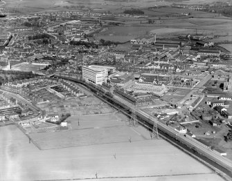 Kilmarnock, general view, showing Blackwood Morton and Sons Ltd. Burnside Works and Holmquarry Road.  Oblique aerial photograph taken facing east.