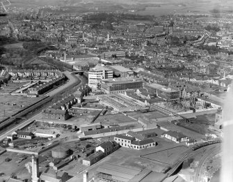 Kilmarnock, general view, showing Blackwood Morton and Sons Ltd. Burnside Works and Loanhead Street.  Oblique aerial photograph taken facing north.
