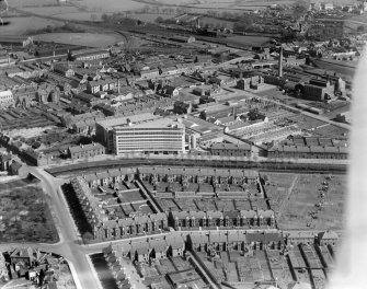 Kilmarnock, general view, showing Blackwood Morton and Sons Ltd. Burnside Works and Barbadoes Road.  Oblique aerial photograph taken facing south-east.
