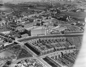 Kilmarnock, general view, showing Blackwood Morton and Sons Ltd. Burnside Works and Holmquarry Road.  Oblique aerial photograph taken facing south-east.