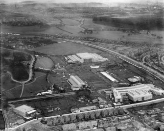 Palace of Engineering and Palace of Industries West, 1938 Empire Exhibition, Bellahouston Park, Glasgow, under construction.  Oblique aerial photograph taken facing south.